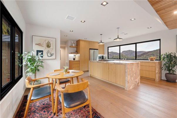 Dining room, Interior, Kitchen, Pendant Lights, Recessed Lighting, Wood Texture Flooring