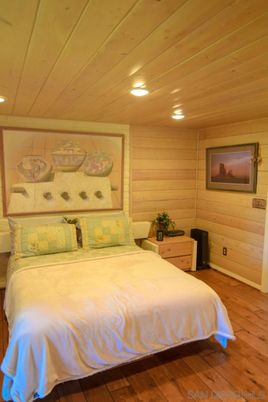 Bedroom, Interior, Recessed Lighting, Wooden Ceilings, Wood Texture Flooring, Wooden Walls
