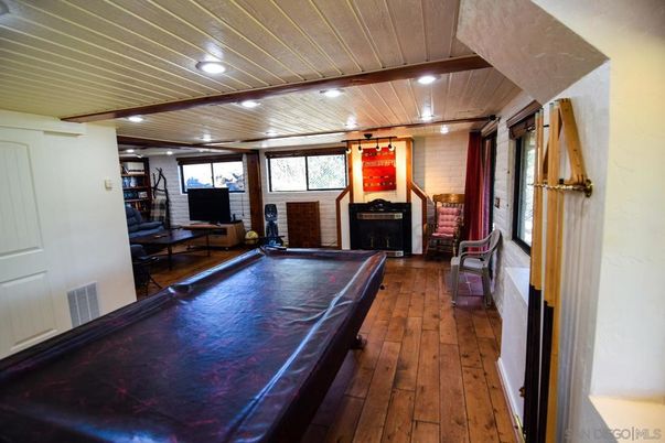 Billiard Table, Fireplace, Game Room, Interior, Recessed Lighting, Wood Texture Flooring