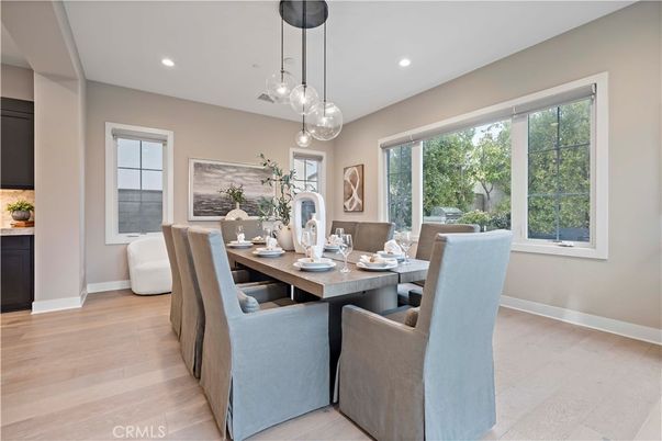 Dining room, Interior, Pendant Lights, Recessed Lighting, Wood Texture Flooring