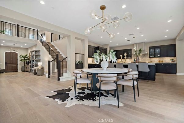 Dining room, Interior, Pendant Lights, Recessed Lighting, Wood Texture Flooring