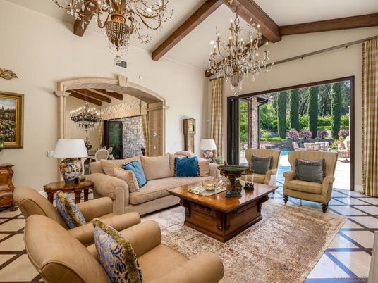 Chandelier, Dining room, Interior, Living room, Recessed Lighting, Wooden Beams