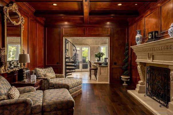 Fireplace, Interior, Living room, Recessed Lighting, Wooden Beams, Wooden Ceilings, Wood Texture Flooring, Wooden Walls