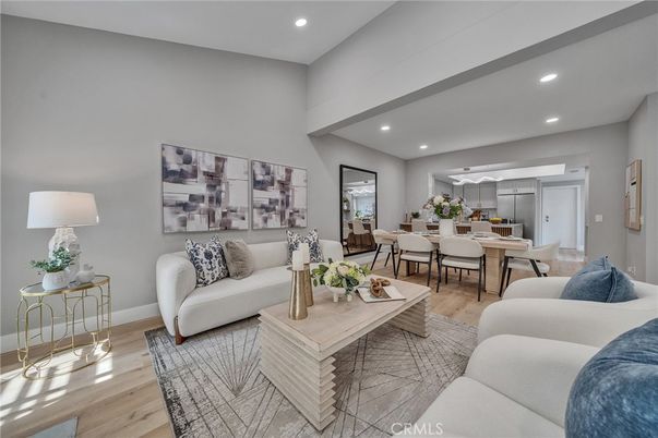 Dining room, Interior, Living room, Recessed Lighting, Wood Texture Flooring