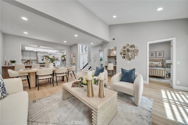 Dining room, Interior, Living room, Recessed Lighting, Wood Texture Flooring