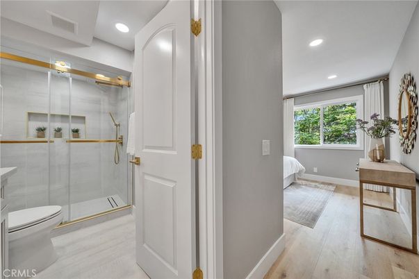 Bathroom, Glass Shower, Interior, Recessed Lighting, Wood Texture Flooring