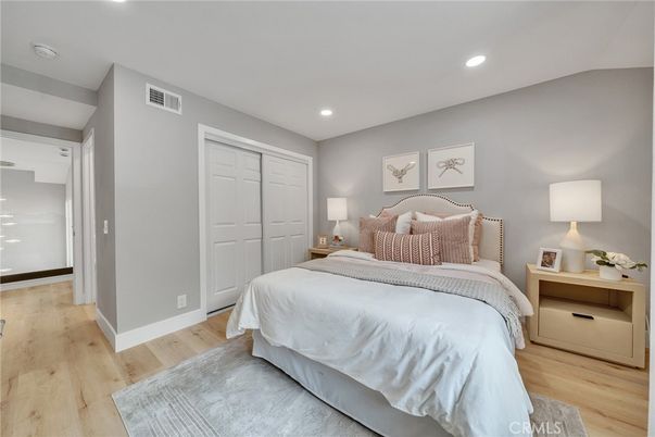 Bedroom, Interior, Recessed Lighting, Wood Texture Flooring