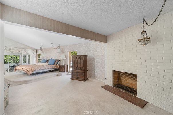 Bedroom, Fireplace, Interior, Pendant Lights, Stone Walls