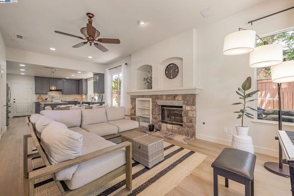 Fireplace, Interior, Kitchen, Living room, Pendant Lights, Recessed Lighting, Wood Texture Flooring