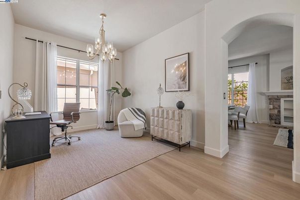 Chandelier, Fireplace, Home Office, Interior, Pendant Lights, Wood Texture Flooring