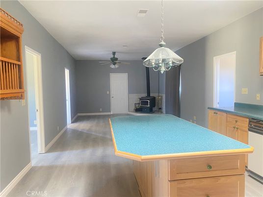 Fireplace, Interior, Kitchen, Pendant Lights, Wood Texture Flooring