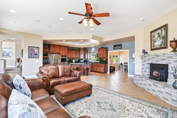 Fireplace, Interior, Kitchen, Living room, Recessed Lighting, Stainless Steel Appliances