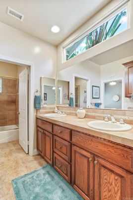 Bathroom, Dual Sink Vanities, Interior, Recessed Lighting, Tile Countertops