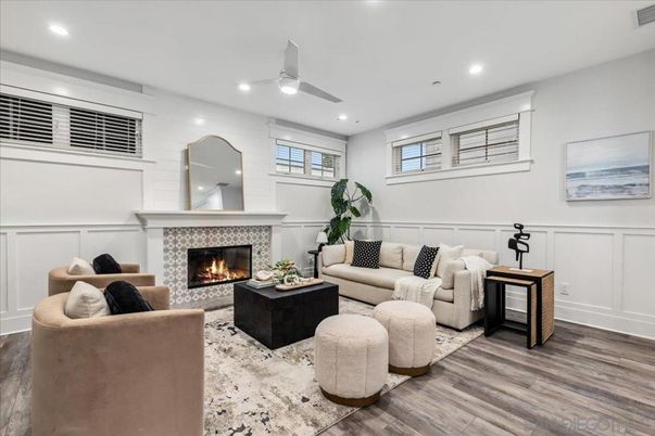 Fireplace, Interior, Living room, Recessed Lighting, Wood Texture Flooring