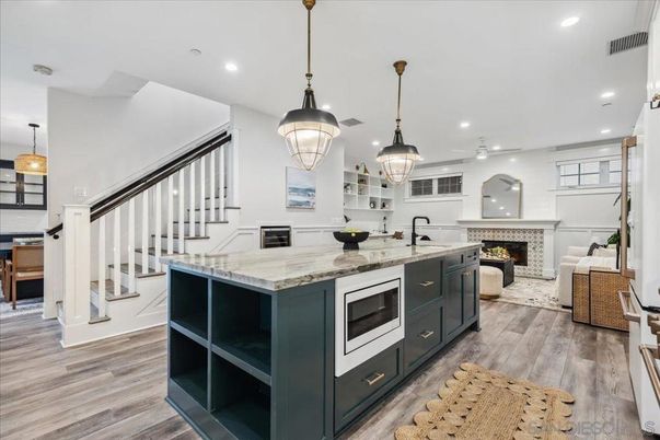 Fireplace, Interior, Kitchen, Pendant Lights, Recessed Lighting, Stainless Steel Appliances, Wood Texture Flooring