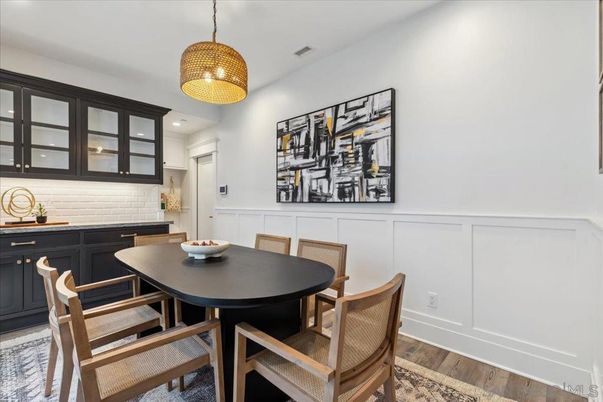 Dining room, Interior, Pendant Lights, Wood Texture Flooring