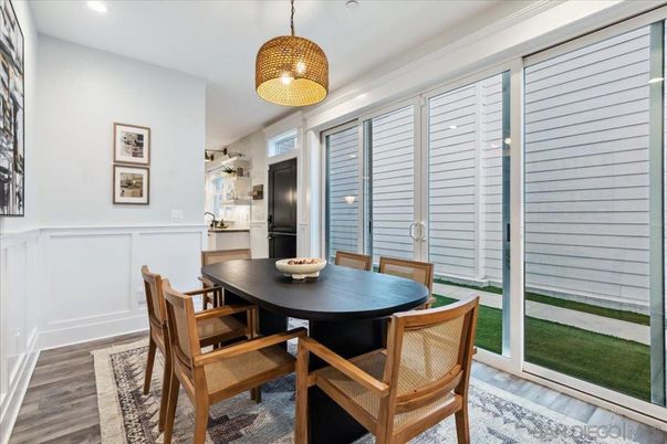 Dining room, Interior, Pendant Lights, Recessed Lighting, Wood Texture Flooring