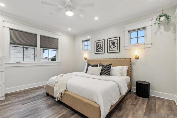 Bedroom, Interior, Recessed Lighting, Wood Texture Flooring