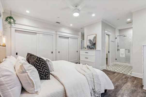 Bathroom, Bedroom, Glass Shower, Interior, Recessed Lighting, Wood Texture Flooring