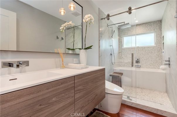 Bathroom, Dual Sink Vanities, Glass Shower, Interior, Wood Texture Flooring