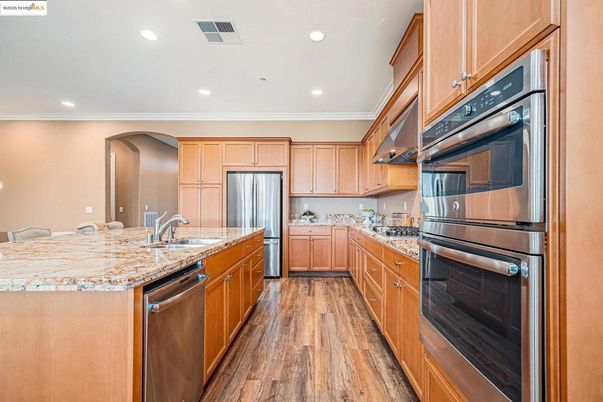 Interior, Kitchen, Recessed Lighting, Stainless Steel Appliances, Wood Texture Flooring