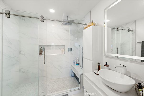 Bathroom, Glass Shower, Interior, Marble Walls, Recessed Lighting