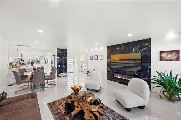 Dining room, Fireplace, Interior, Living room, Marble Walls, Recessed Lighting