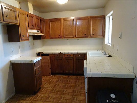 Interior, Kitchen, Tile Countertops, Wood Texture Flooring