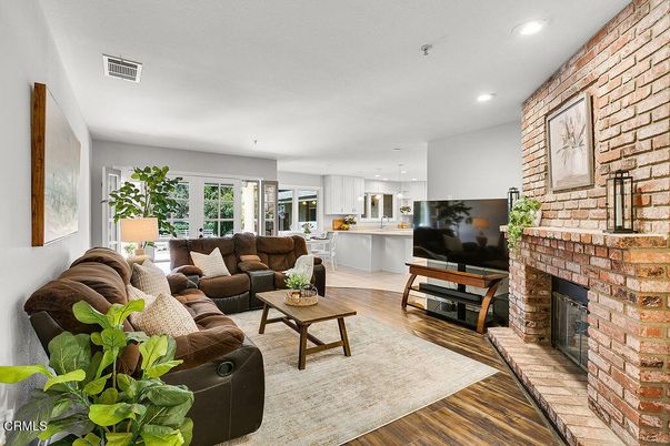 Fireplace, Interior, Kitchen, Living room, Pendant Lights, Recessed Lighting, Stone Walls, Wood Texture Flooring