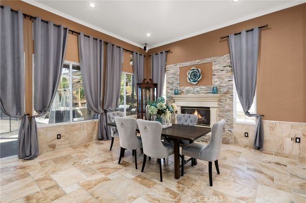 Dining room, Fireplace, Interior, Recessed Lighting, Stone Walls