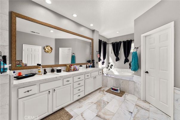 Bathroom, Dual Sink Vanities, Interior, Marble, Recessed Lighting