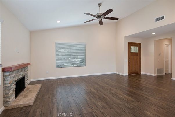 Empty room, Fireplace, Interior, Recessed Lighting, Wood Texture Flooring