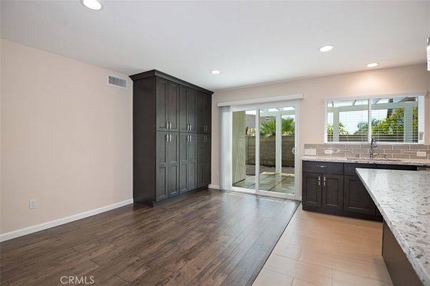 Empty room, Interior, Kitchen, Recessed Lighting, Wood Texture Flooring
