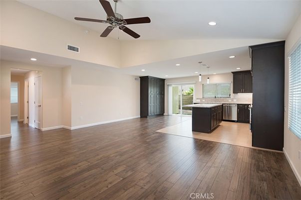 Empty room, Interior, Kitchen, Pendant Lights, Recessed Lighting, Wood Texture Flooring