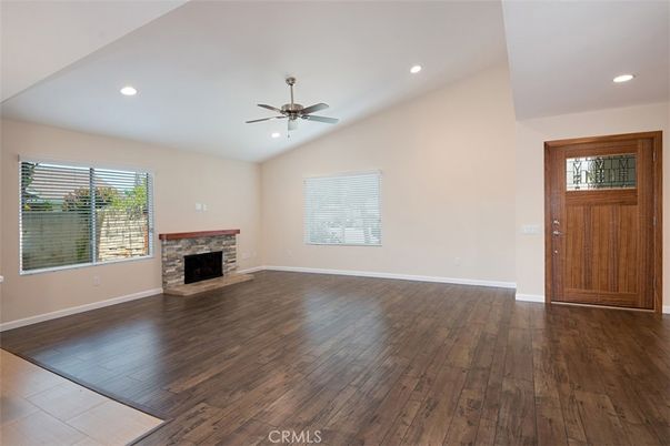 Empty room, Fireplace, Interior, Recessed Lighting, Wood Texture Flooring