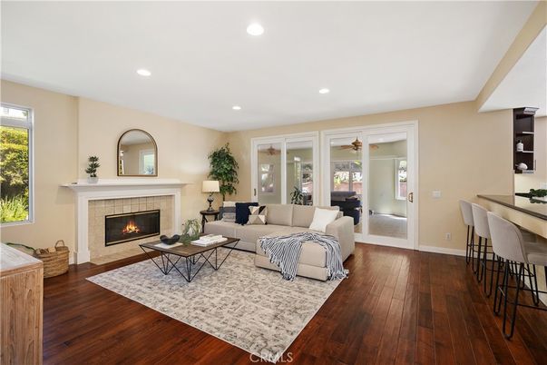 Fireplace, Interior, Living room, Recessed Lighting, Wood Texture Flooring
