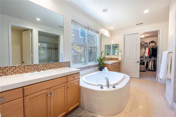 Bathroom, Dual Sink Vanities, Interior, Recessed Lighting, Tile Countertops