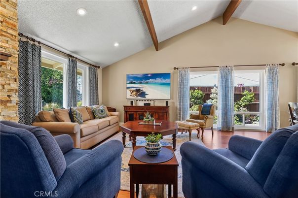 Fireplace, Interior, Living room, Recessed Lighting, Stone Walls, Wooden Beams, Wood Texture Flooring