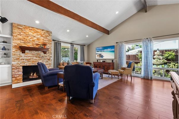 Fireplace, Interior, Living room, Recessed Lighting, Stone Walls, Wooden Beams, Wood Texture Flooring