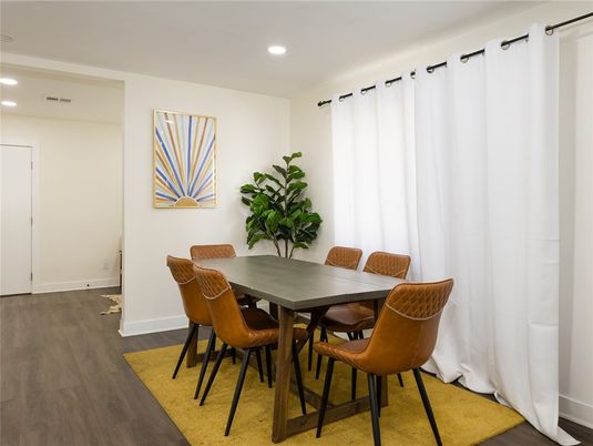 Dining room, Interior, Recessed Lighting, Wood Texture Flooring