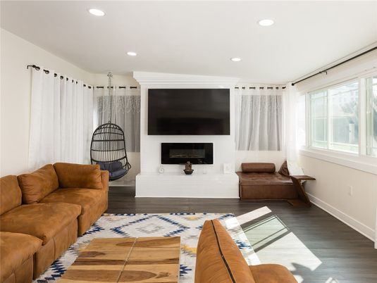Fireplace, Interior, Living room, Recessed Lighting, Wood Texture Flooring