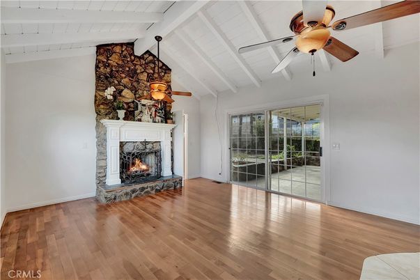 Empty room, Fireplace, Interior, Stone Walls, Wood Texture Flooring