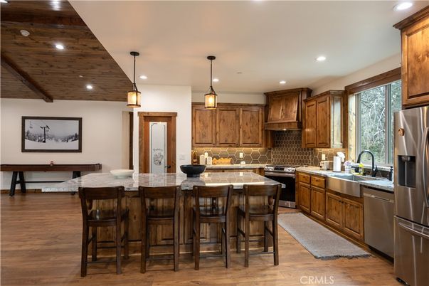 Interior, Kitchen, Pendant Lights, Recessed Lighting, Stainless Steel Appliances, Wooden Ceilings, Wood Texture Flooring