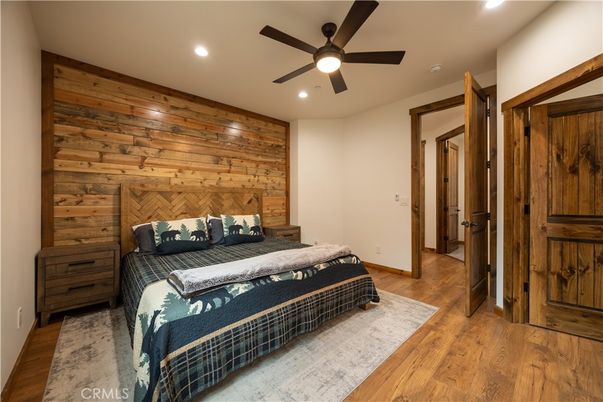 Bedroom, Interior, Recessed Lighting, Wood Texture Flooring, Wooden Walls