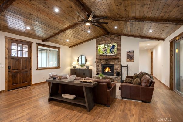 Fireplace, Interior, Living room, Recessed Lighting, Stone Walls, Wooden Beams, Wooden Ceilings, Wood Texture Flooring