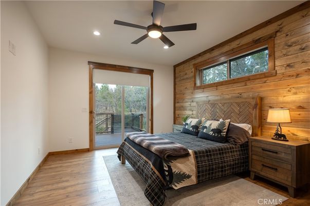 Bedroom, Interior, Recessed Lighting, Wood Texture Flooring, Wooden Walls