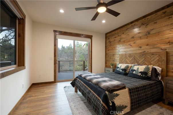 Bedroom, Interior, Recessed Lighting, Wood Texture Flooring, Wooden Walls