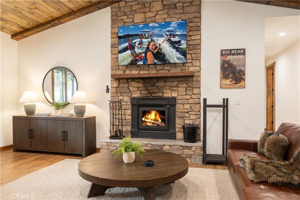 Fireplace, Interior, Recessed Lighting, Stone Walls, Wooden Beams, Wooden Ceilings, Wood Texture Flooring