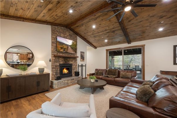 Fireplace, Interior, Living room, Recessed Lighting, Stone Walls, Wooden Beams, Wooden Ceilings, Wood Texture Flooring