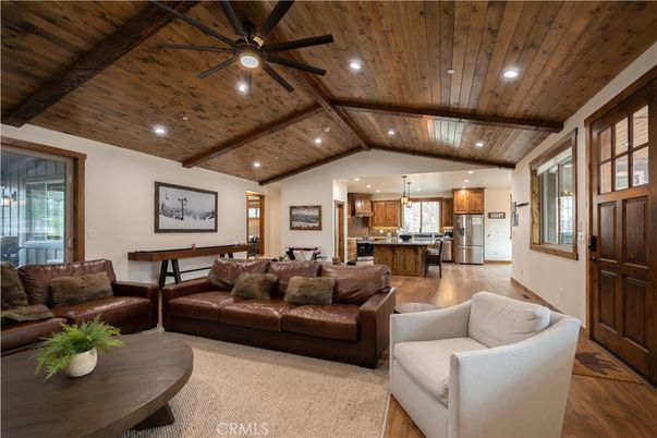 Dining room, Interior, Kitchen, Living room, Pendant Lights, Recessed Lighting, Stainless Steel Appliances, Wooden Beams, Wooden Ceilings, Wood Texture Flooring